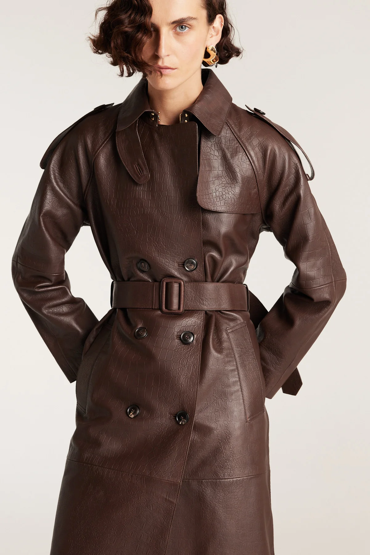 Croc Leather Trench - Chocolate - Image 10