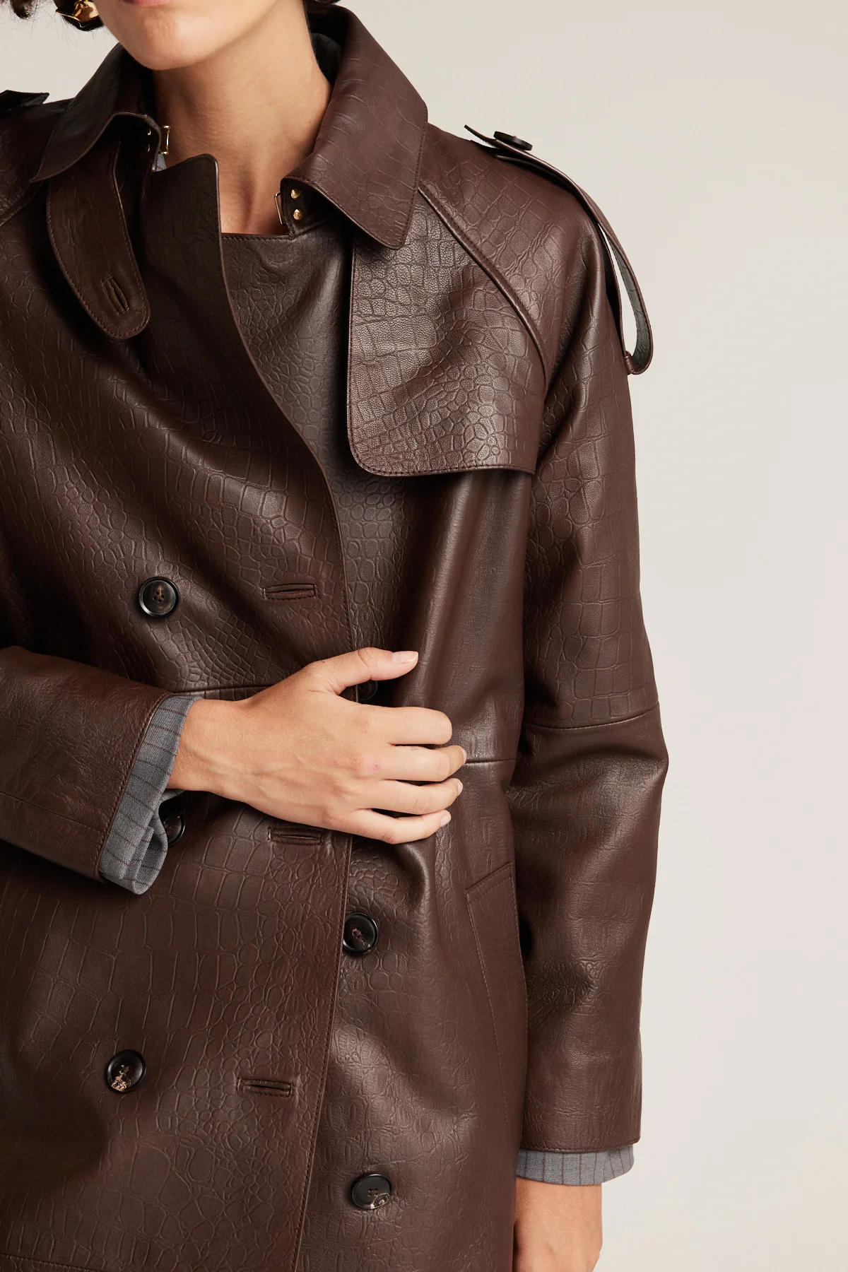 Croc Leather Trench - Chocolate - Image 7