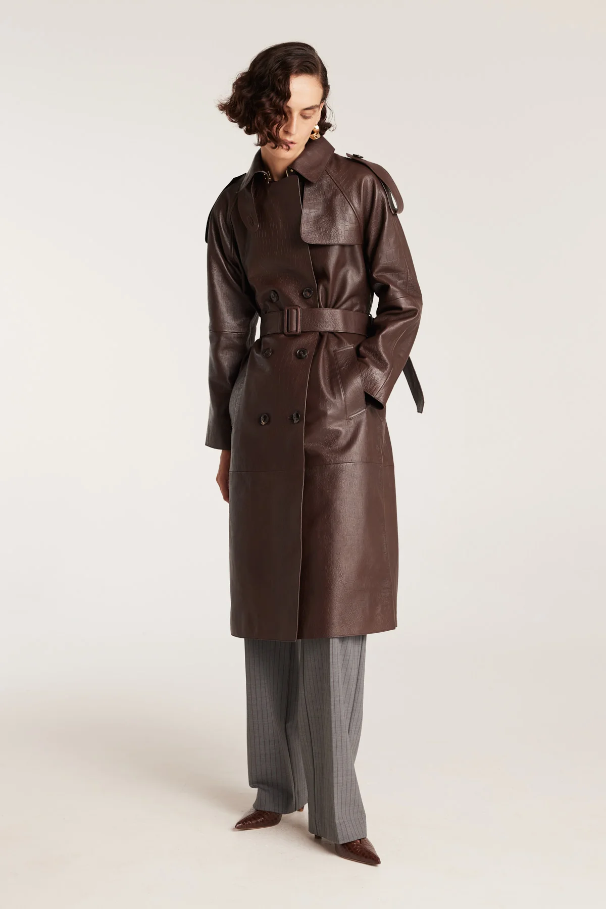 Croc Leather Trench - Chocolate - Image 9