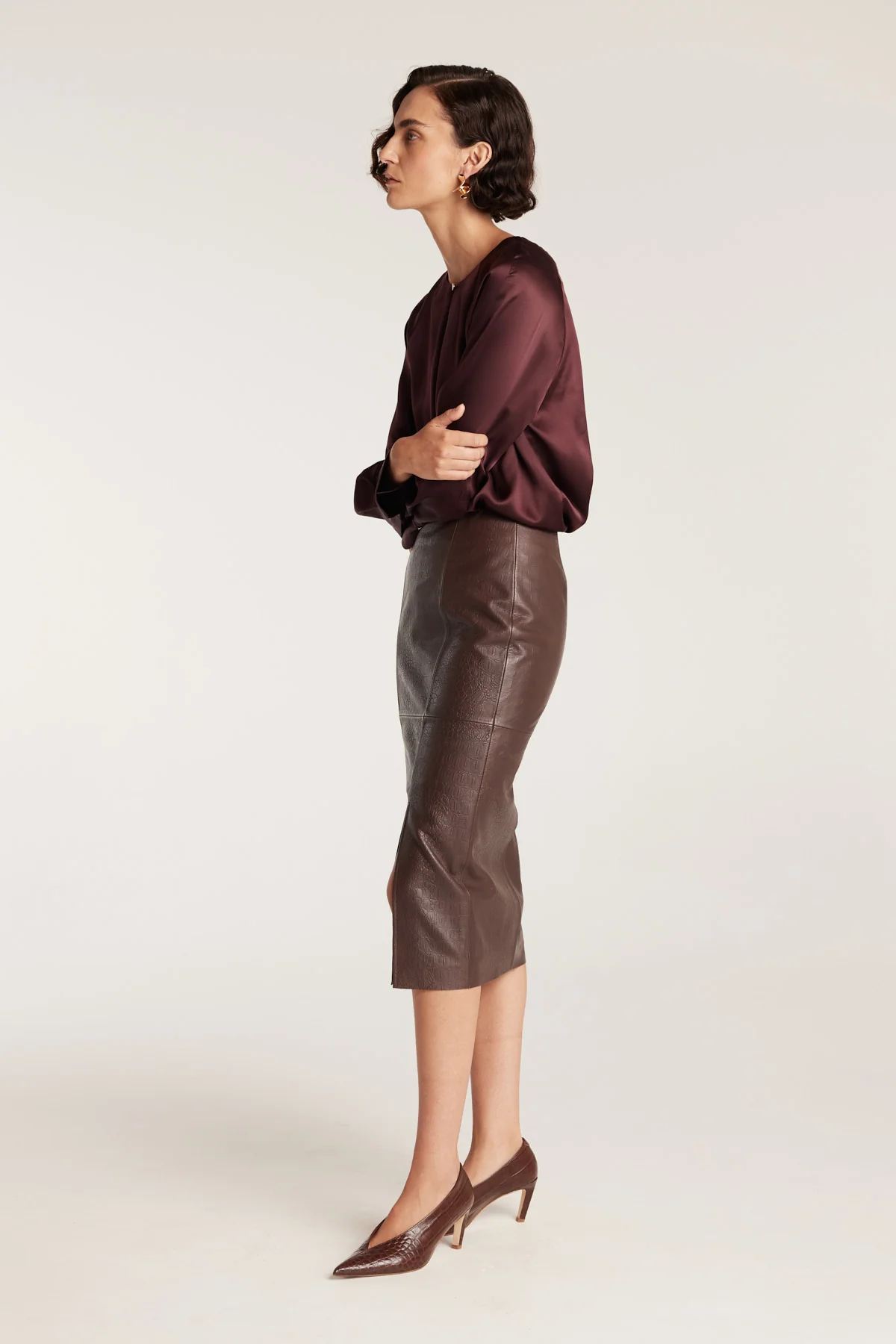 Croc Leather Skirt - Chocolate - Image 3