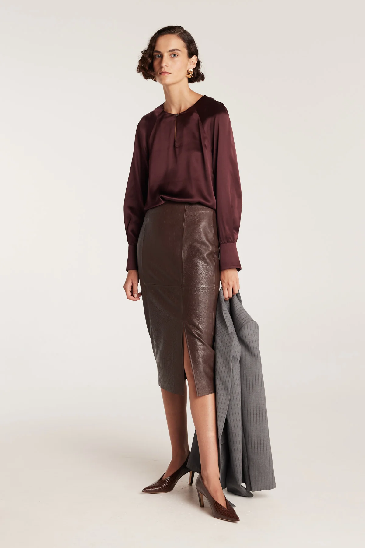 Croc Leather Skirt - Chocolate - Image 7
