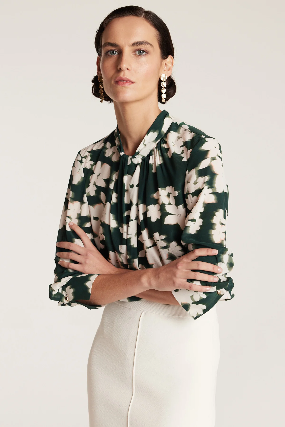 Twist Neck Silk Top - Green Print - Image 7