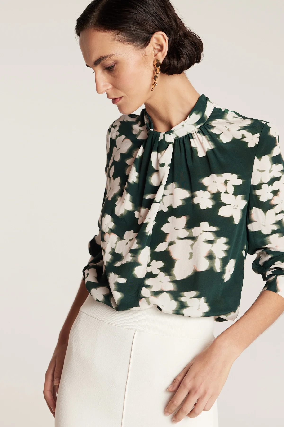 Twist Neck Silk Top - Green Print - Image 8