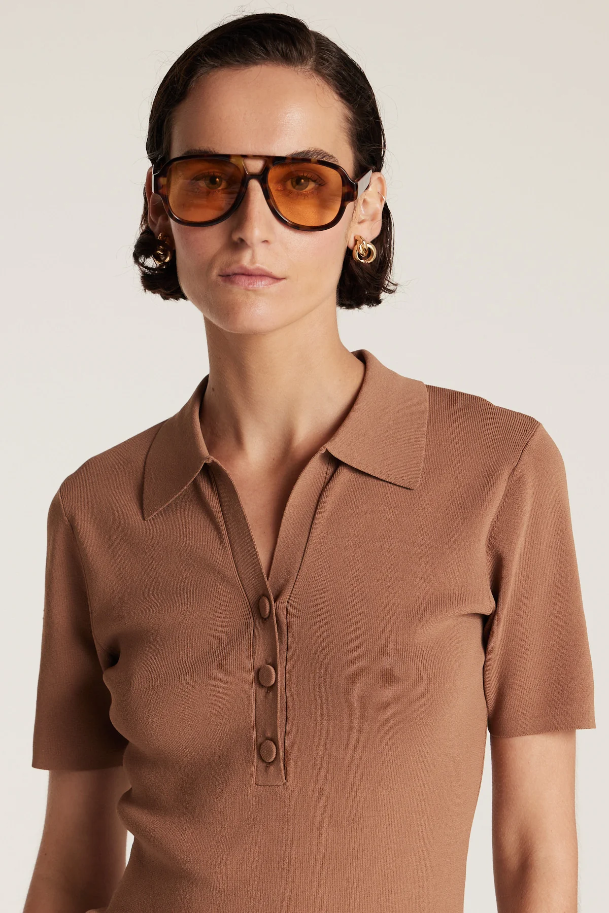 Crepe Knit Polo Top - Mocha - Image 2