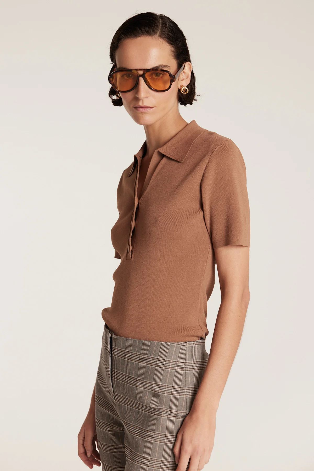 Crepe Knit Polo Top - Mocha - Image 5