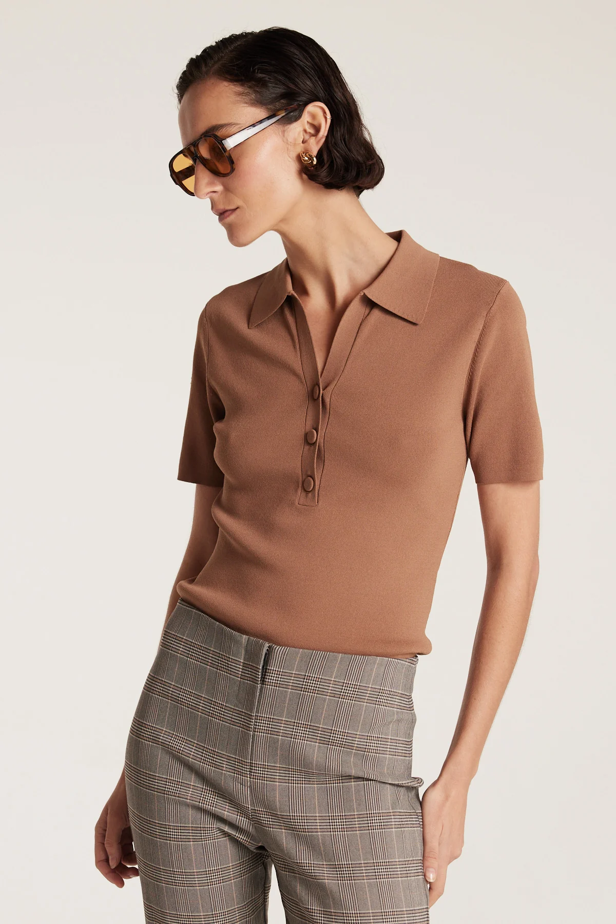 Crepe Knit Polo Top - Mocha - Image 7