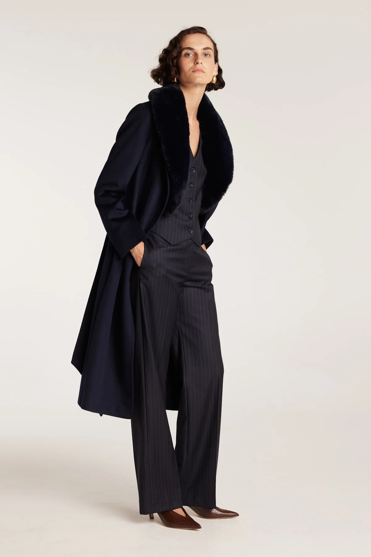 Fur Collar Coat - Navy - Image 9