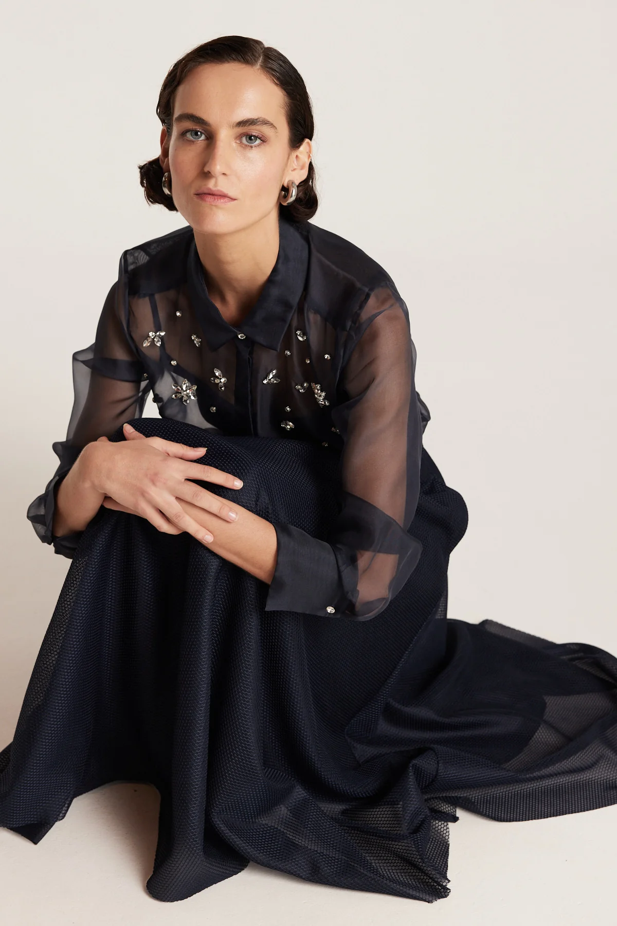 Organza Jewel Shirt - Navy - Image 5