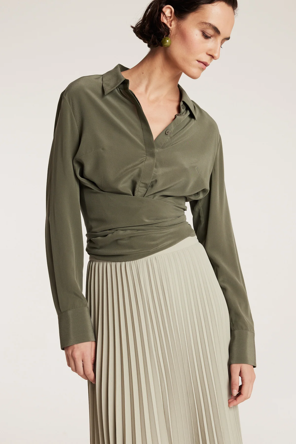Wrap Silk Shirt - Olive - Image 5