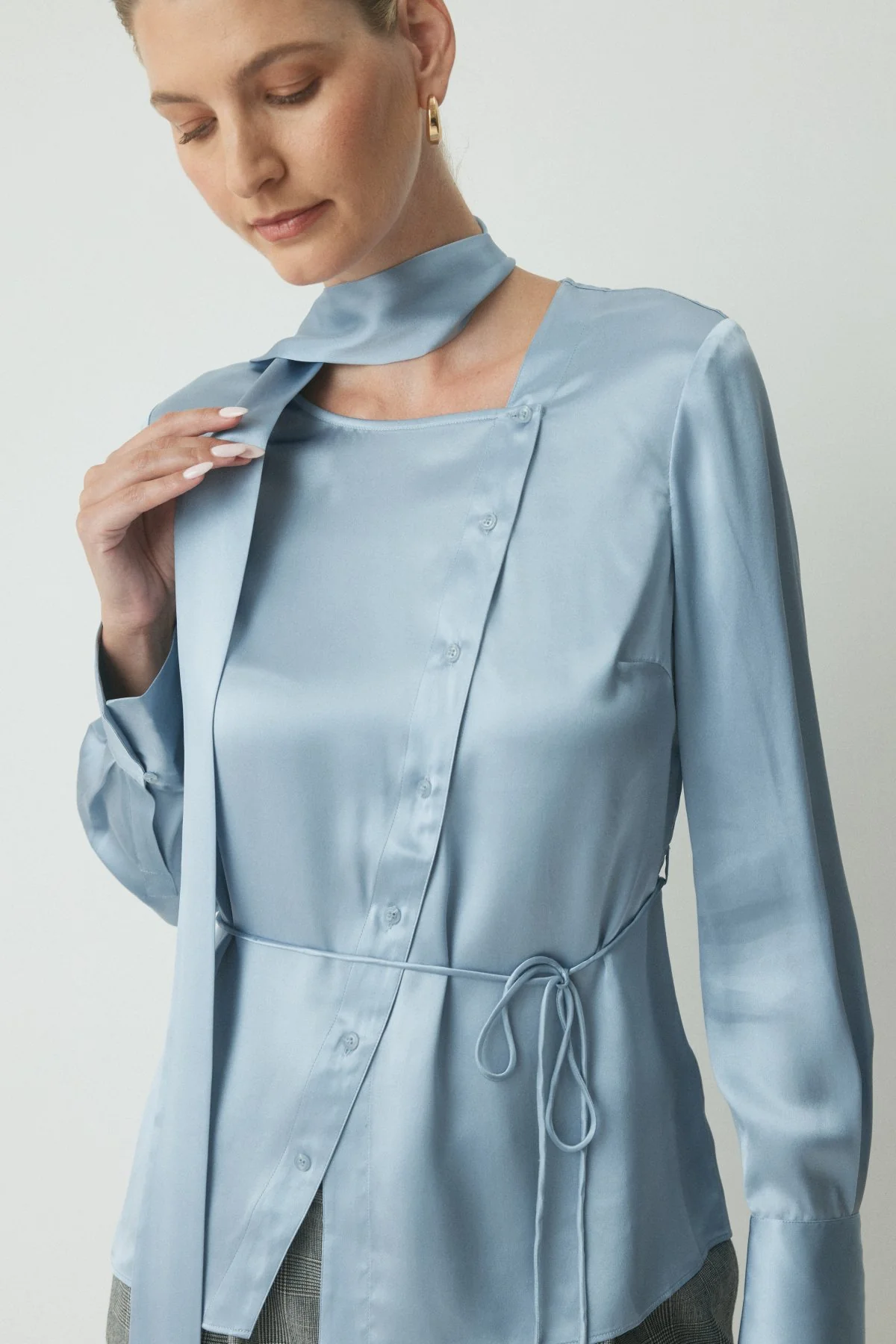 Romain Tie Neck Silk Shirt - Dove Blues - Image 2