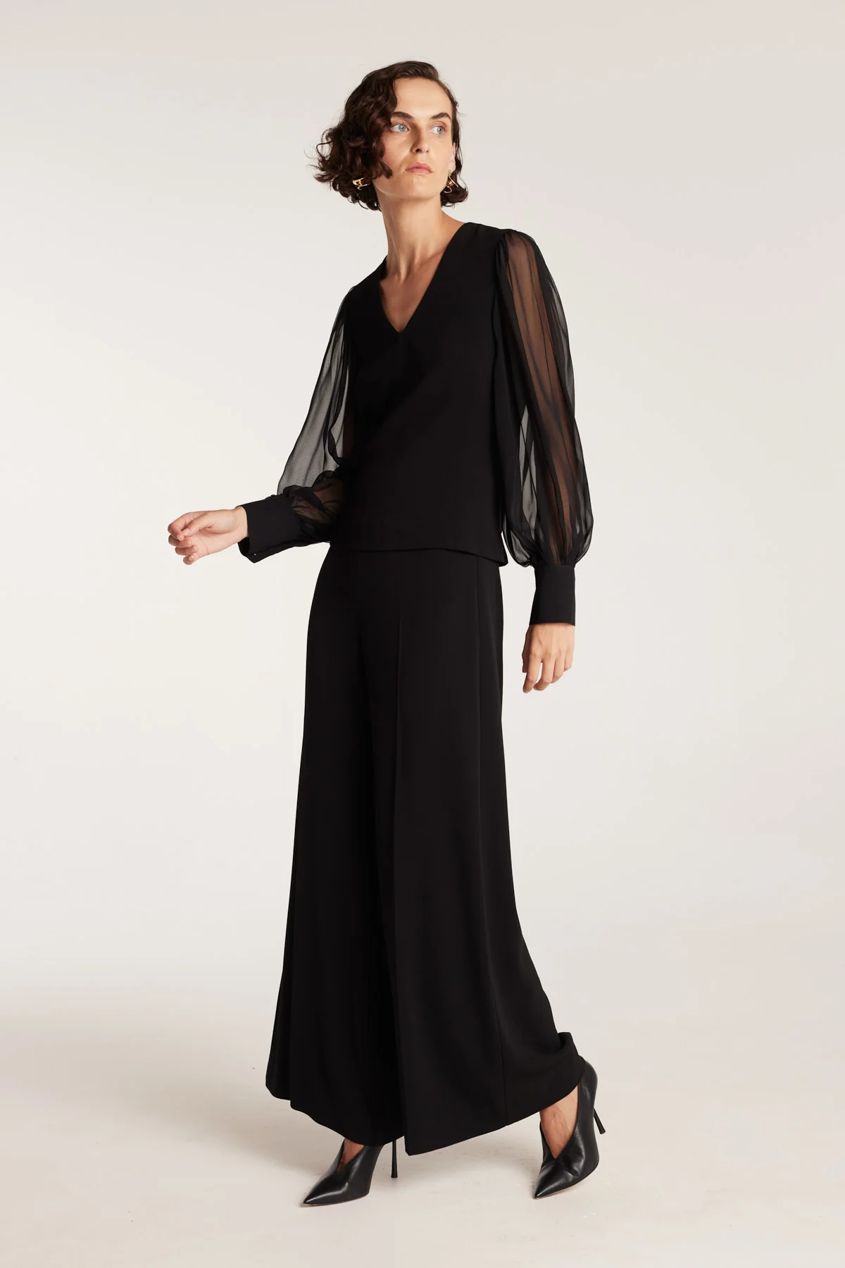Sheer Sleeve V Top - Black - Image 3