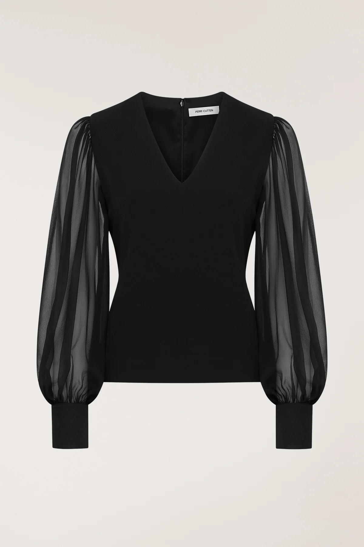Sheer Sleeve V Top - Black - Image 4