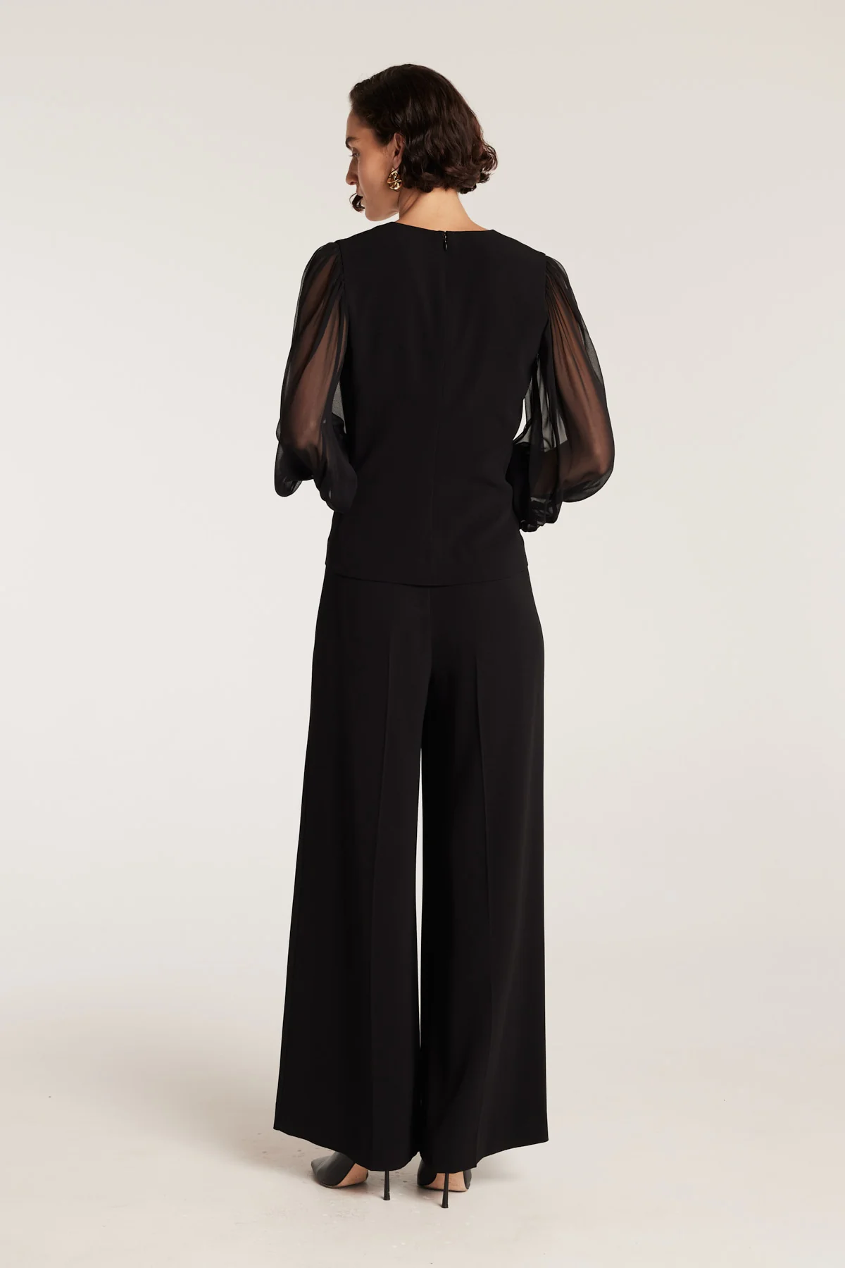 Sheer Sleeve V Top - Black - Image 5