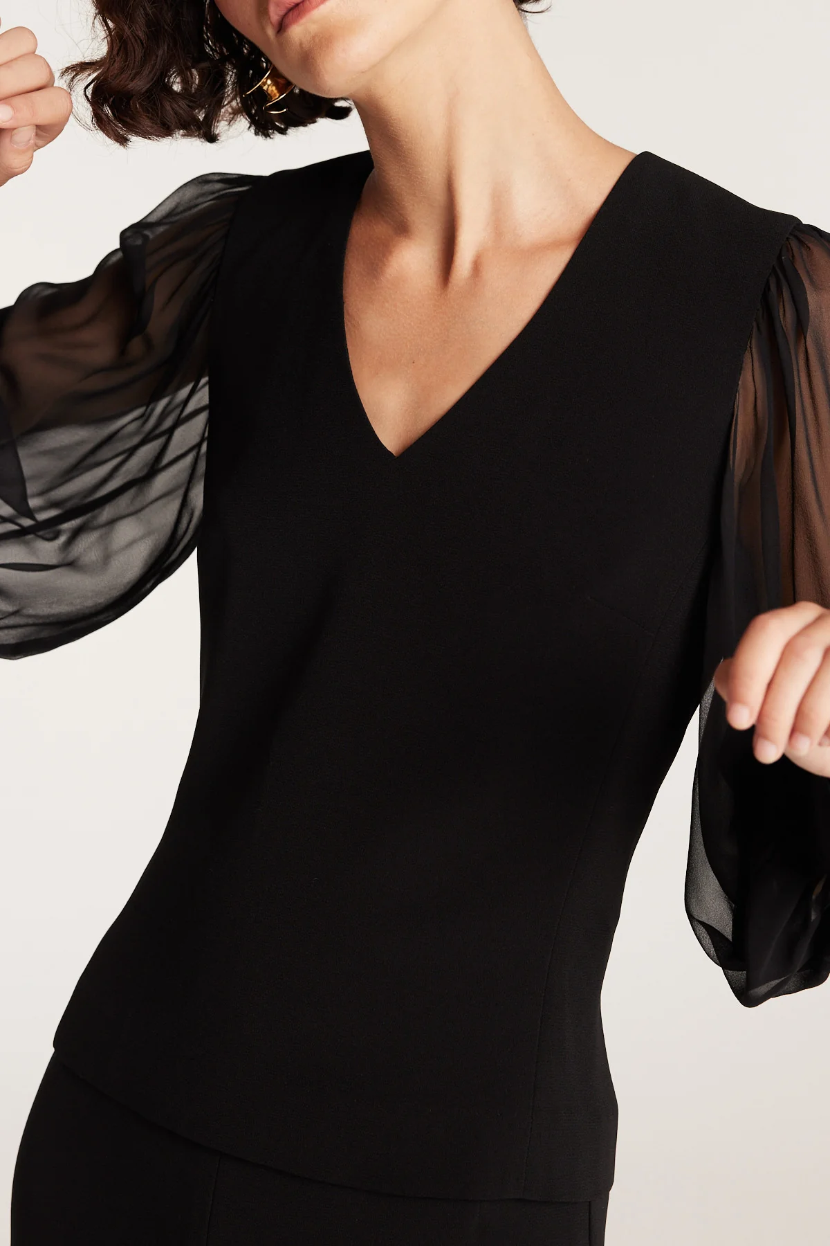 Sheer Sleeve V Top - Black - Image 6