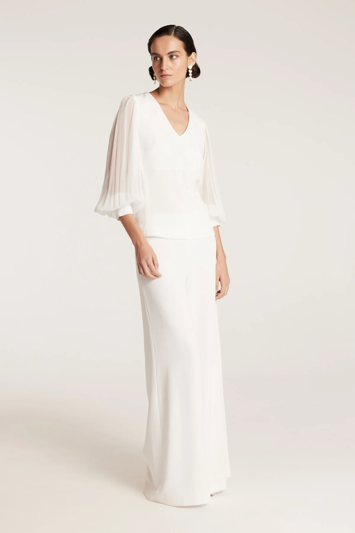 Sheer Sleeve V Top - Ivory - Image 3