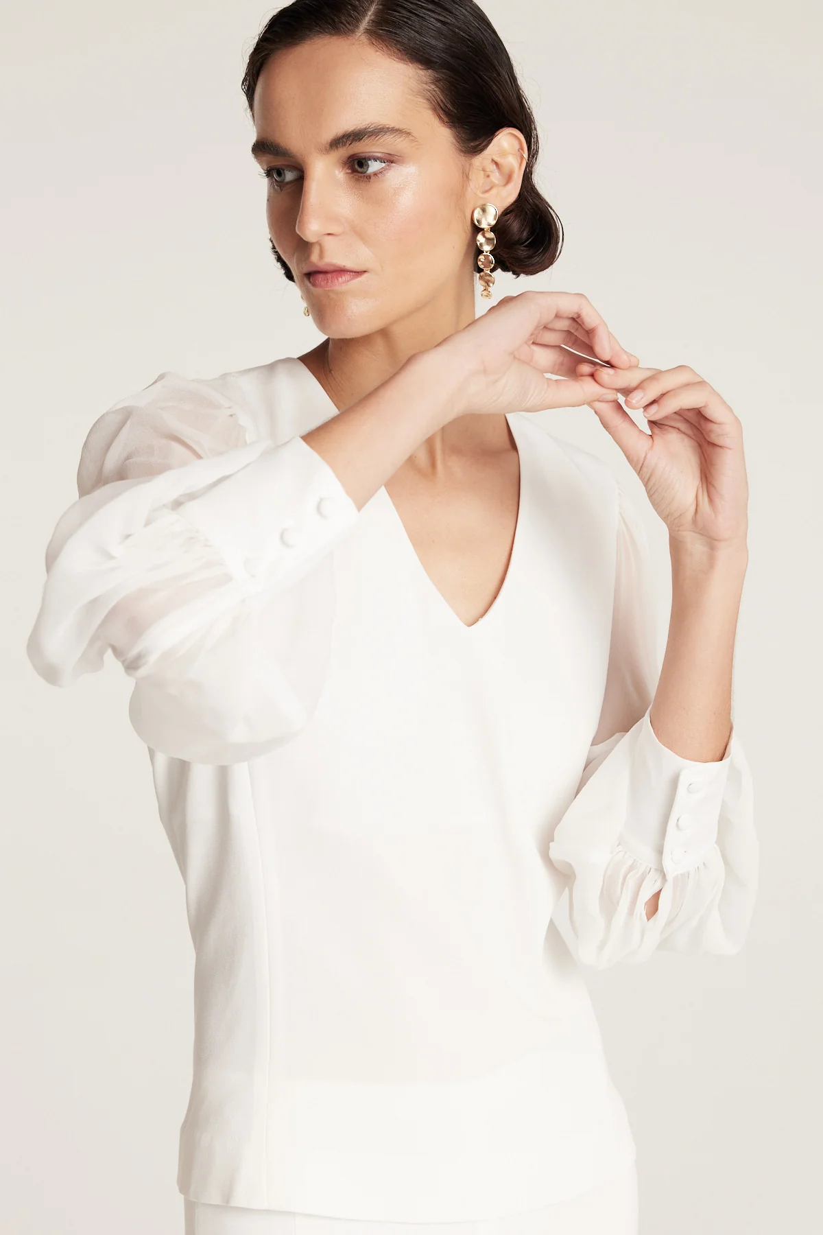Sheer Sleeve V Top - Ivory - Image 7