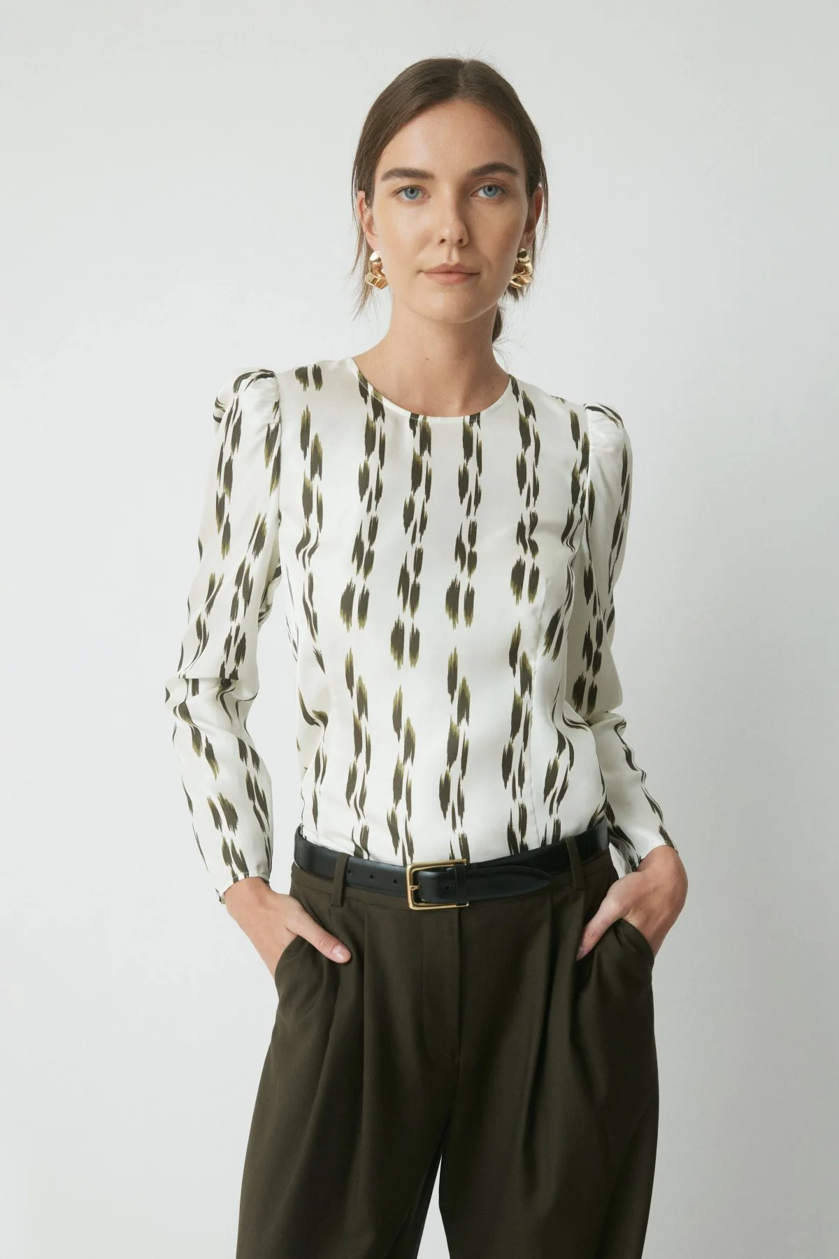 Shiloh Silk Top - Khaki/Cream - Image 2