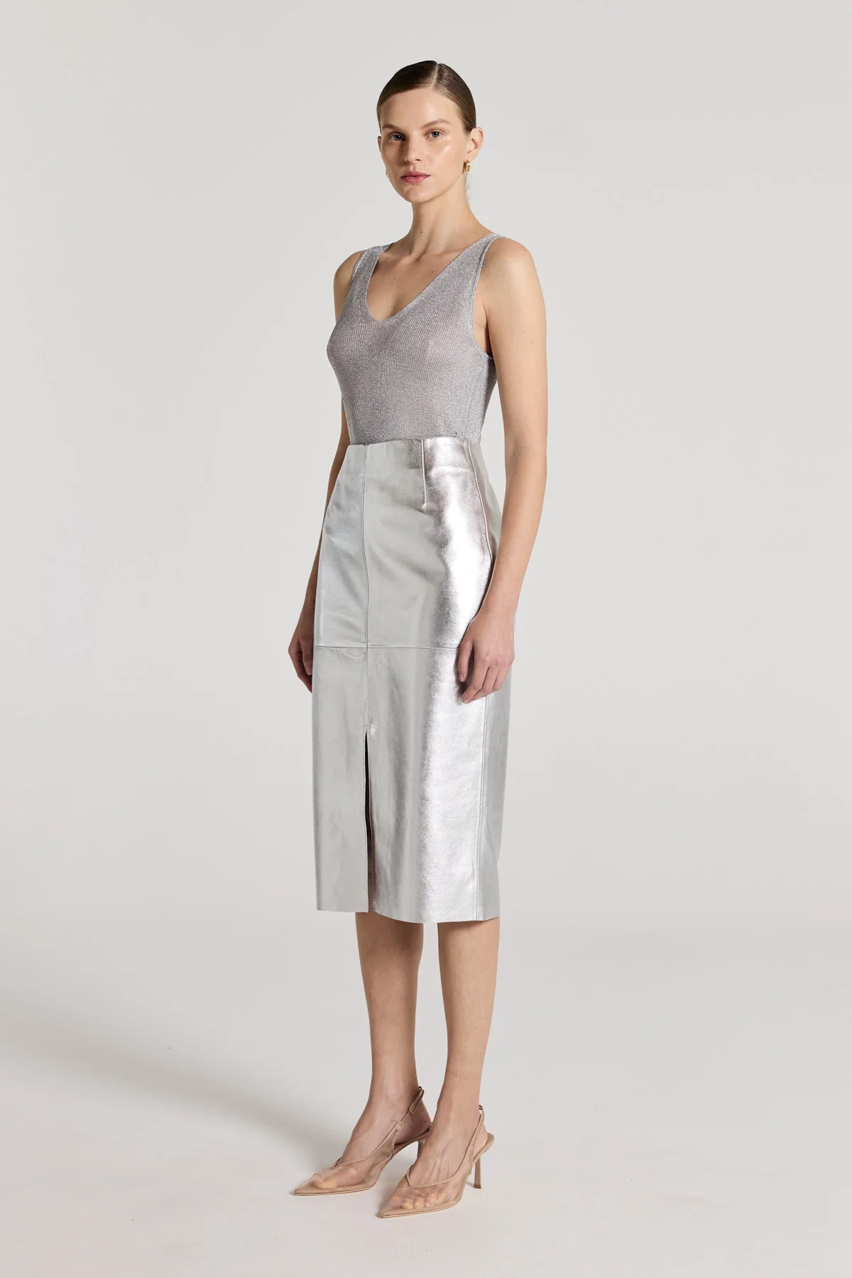 Silver Leather Skirt - Silver - Image 4